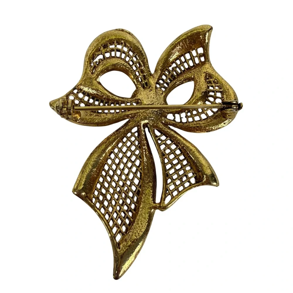 Vintage Gold Tone Faux Pearl Bow Brooch Openwork Lattice Ribbon Pin Statement